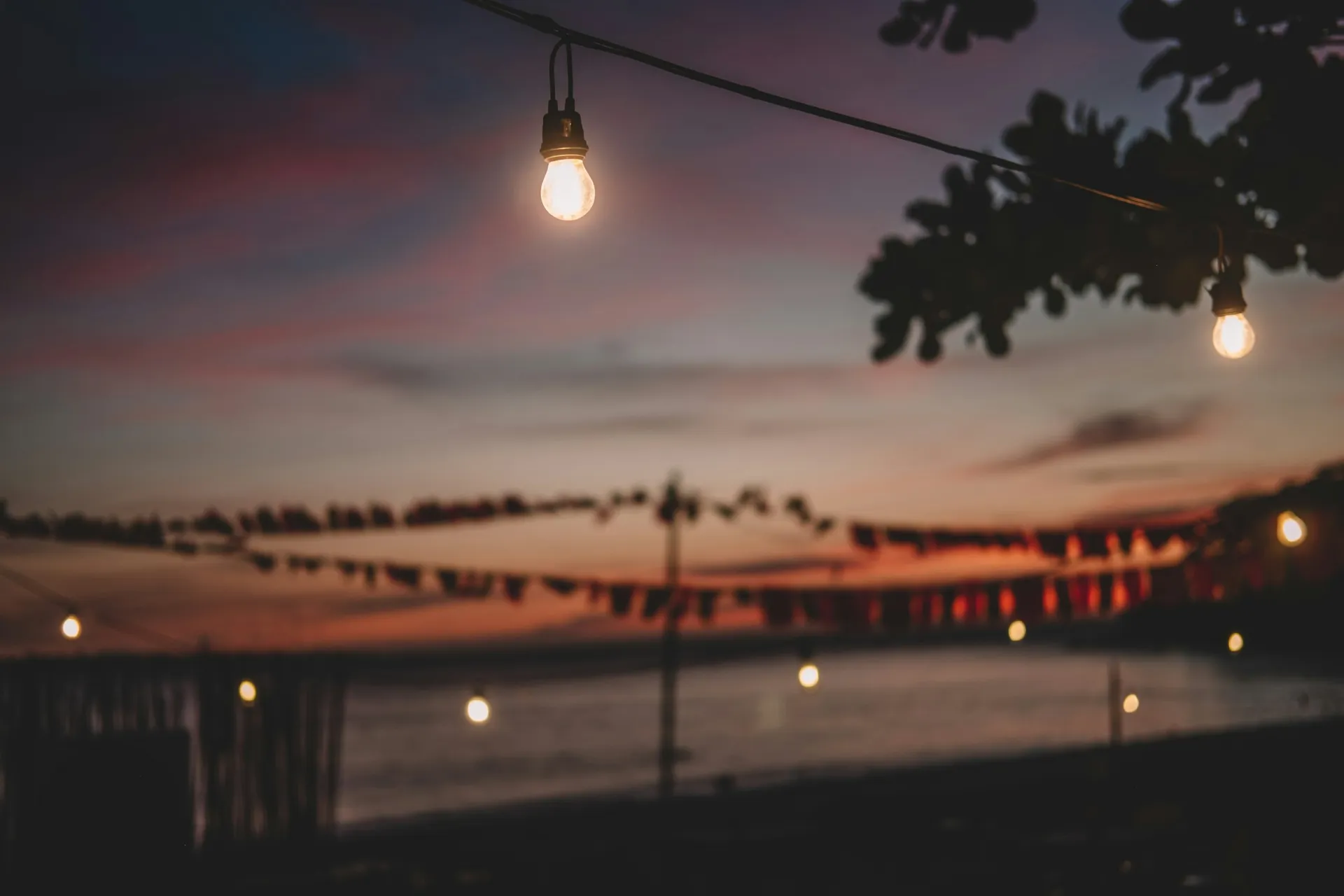 String lights over the water at dusk